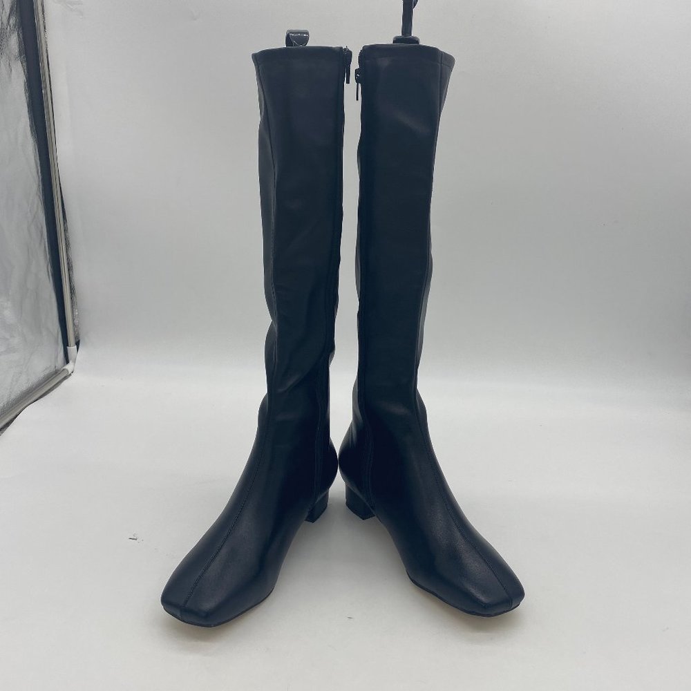 Knee High Long Boots Pull On Square Closed Toe Chunky Block Low Heel Shoes